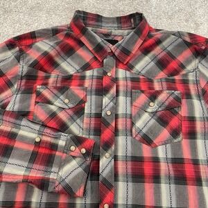 Prana Shirt Mens XL Red Grey Plaid Pearl Snap Front Western Cowboy Mountain